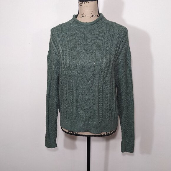 NWT J. Crew Roll Neck Cable Knit Sweater Womens Size M Green Preppy Fisherman - Picture 1 of 12
